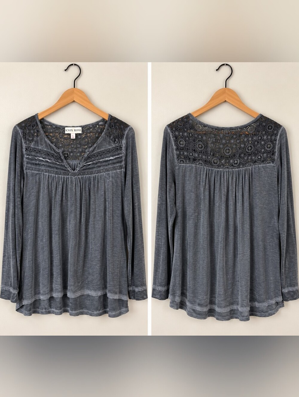 Knox Rose Women’s Large Charcoal Gray Boho Lace Yoke Long Sleeve Tunic Top